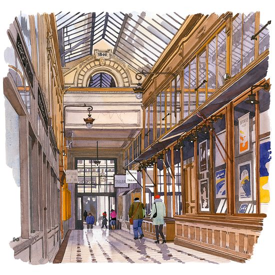 Aquarelle de Fabrice Moireau, Passage Jouffroy, Paris